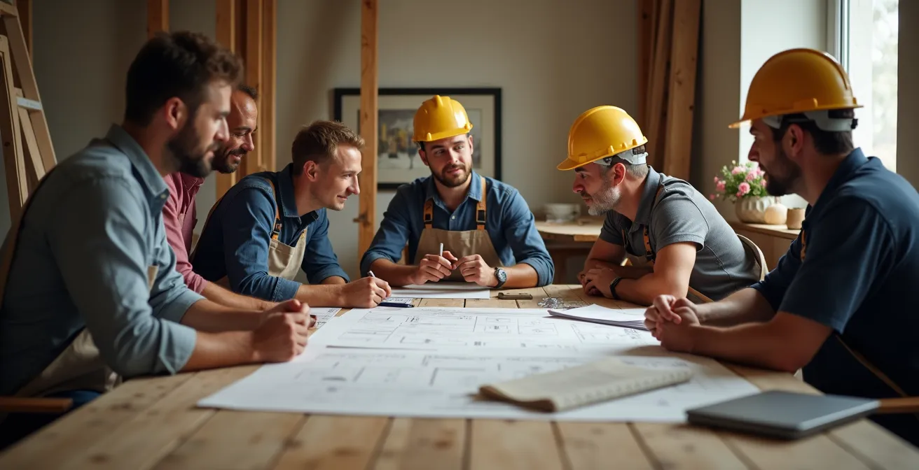 Photo d’une réunion de chantier avec un maître d’œuvre et les artisans discutant autour de plans