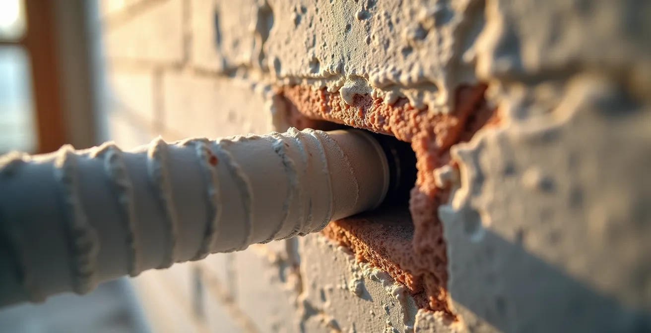 Gros plan sur un mur isolé montrant le passage soigné d'une gaine électrique avec matériaux isolants autour