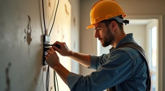 Photo réaliste d'un intérieur de maison moderne en cours de rénovation électrique, montrant un électricien au travail avec câbles et outils, lumière naturelle douce et espace épuré