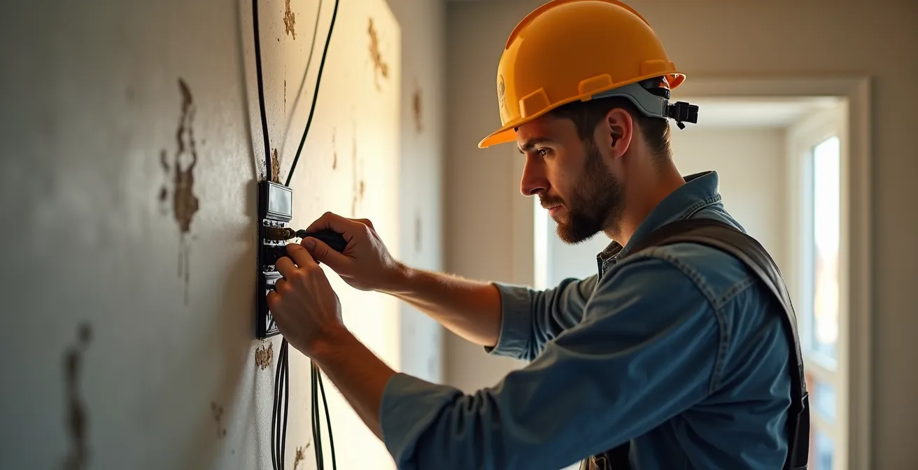 Photo réaliste d'un intérieur de maison moderne en cours de rénovation électrique, montrant un électricien au travail avec câbles et outils, lumière naturelle douce et espace épuré