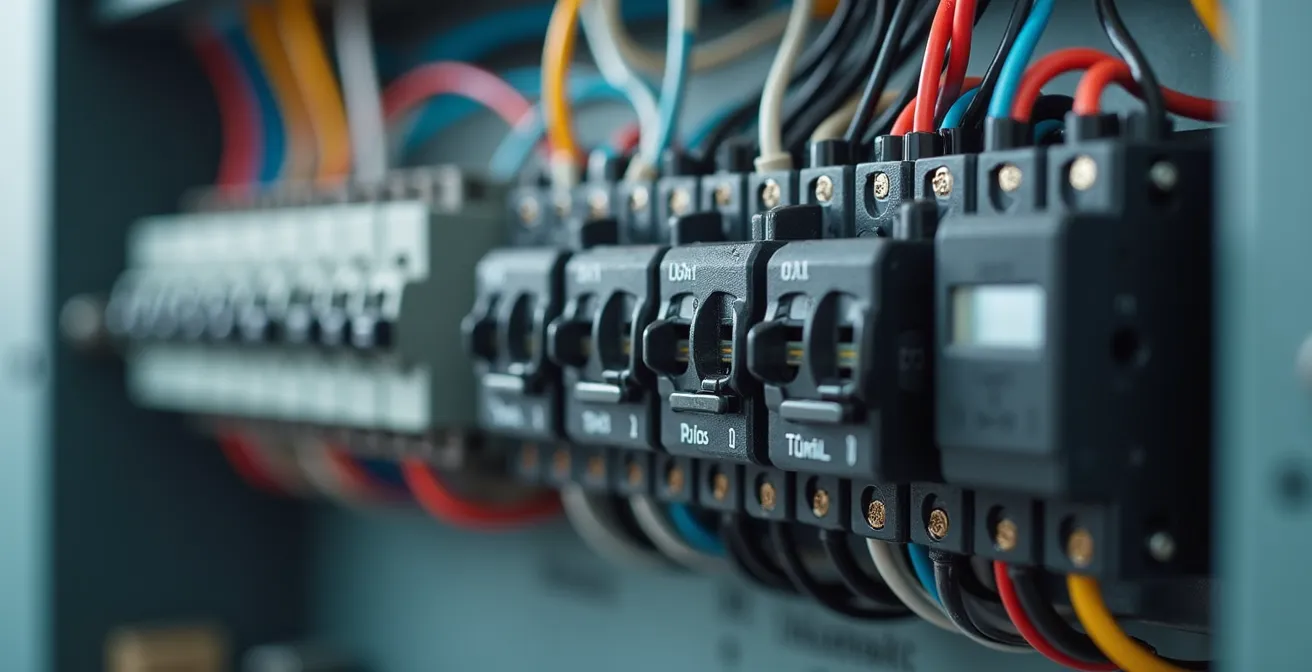 Photo détaillée d’un tableau électrique moderne conforme à la norme NFC 15-100, avec composants visibles et câblages soignés